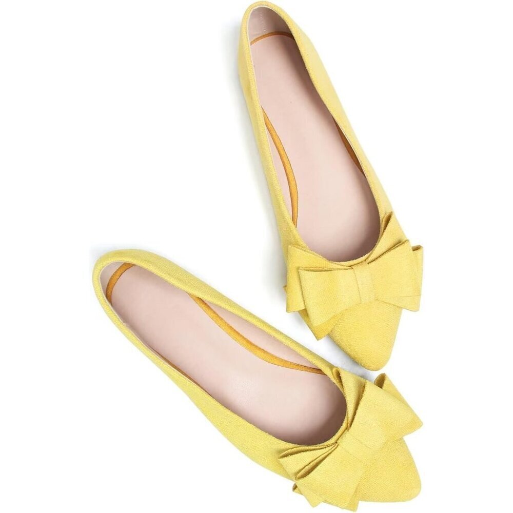 Women's Yellow Bowknot Ballet Flats Pointy Toe Casual Flat Shoes Suede - Picture 2 of 7